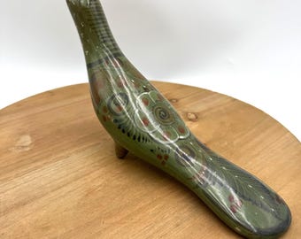 LARGE Vintage TONALA Mexican Pottery Bird Figurine Folk Art Sage Green