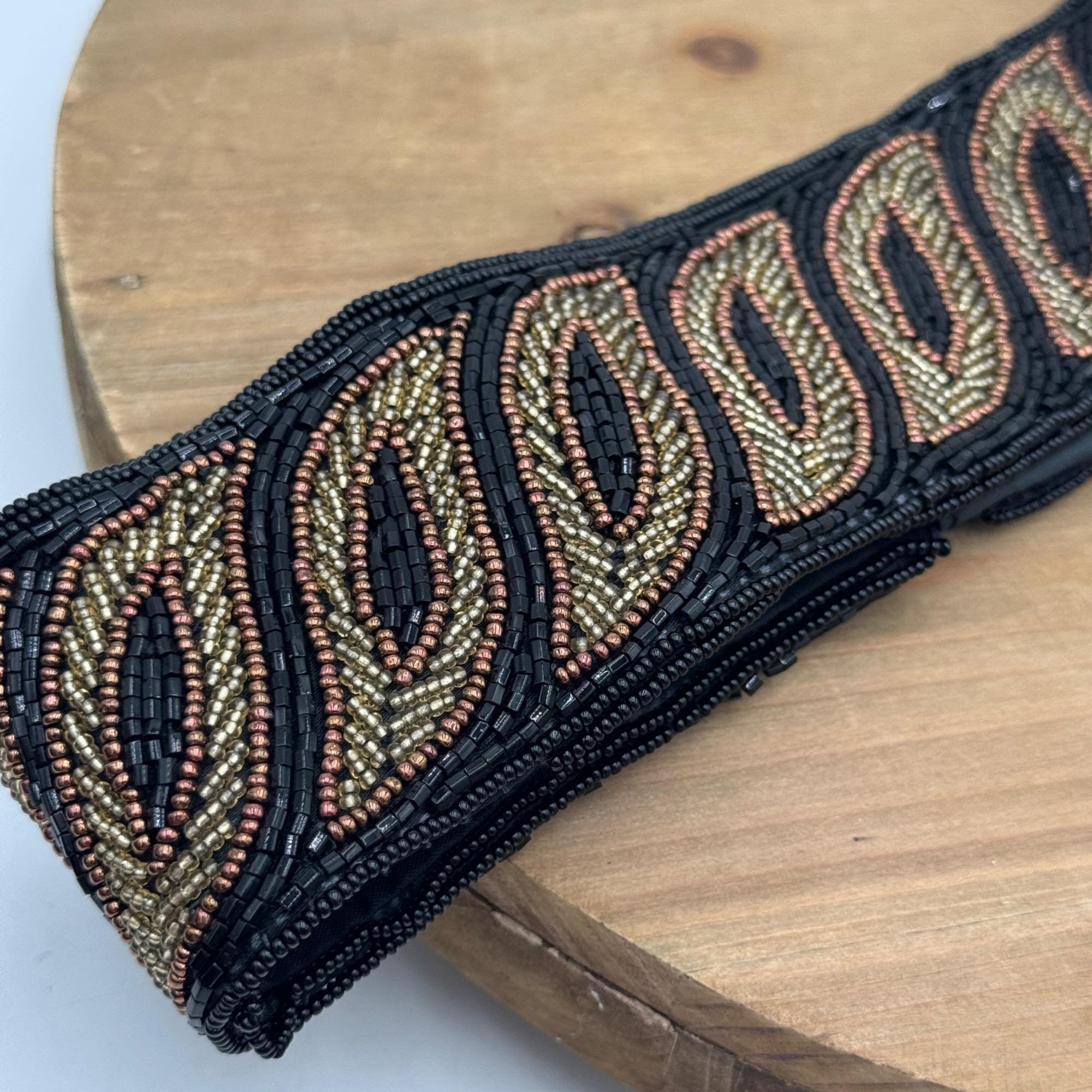 La Regale Vintage Beaded Belt - Black Gold Silver Fabric 