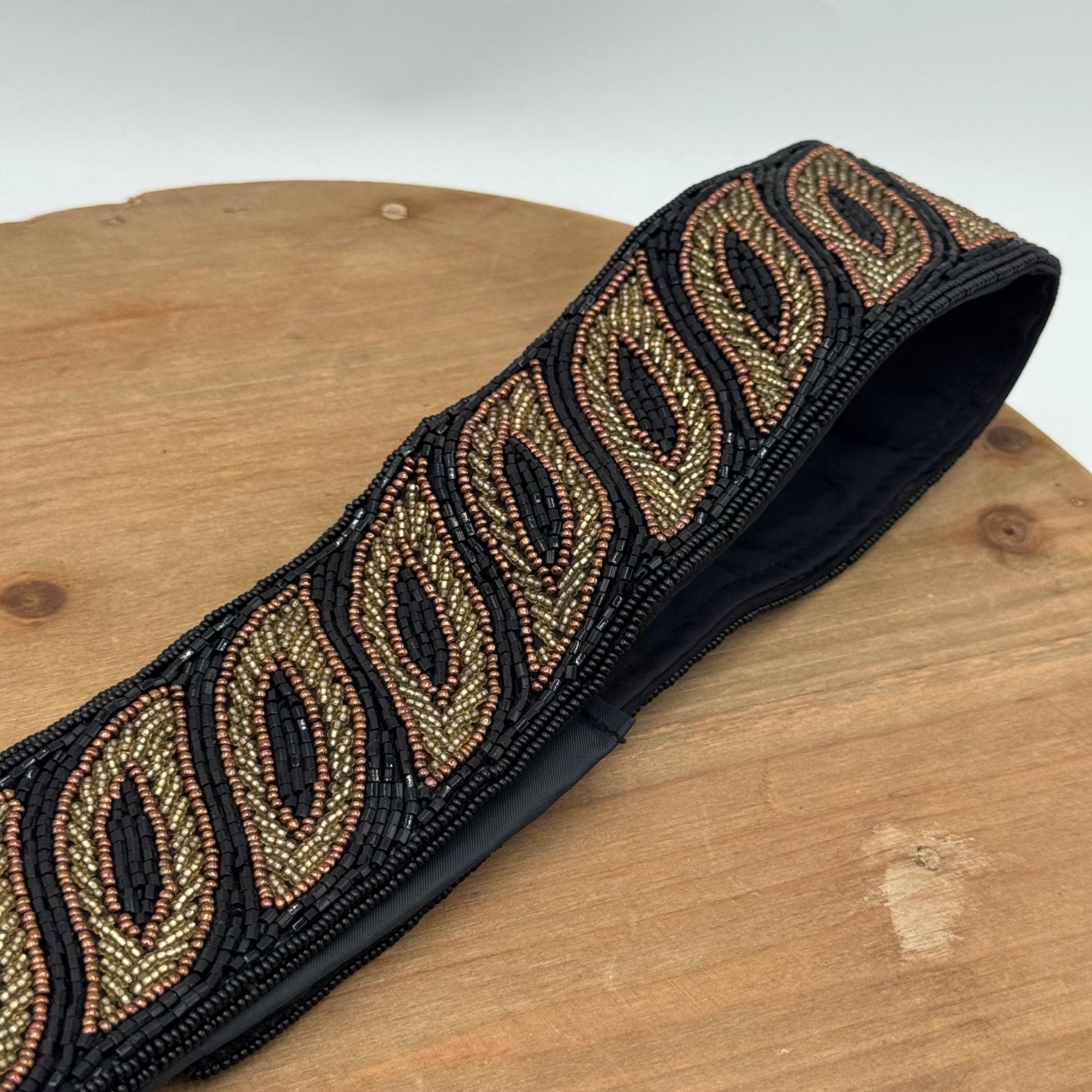 La Regale Vintage Beaded Belt - Black Gold Silver Fabric 