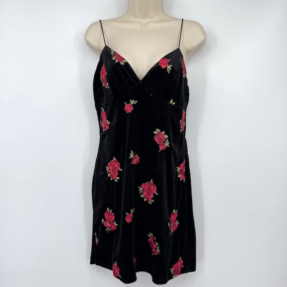 Trixxi Whimseygoth Black Velvet Red Roses Flower Embroidered Mini V-Neck Dress Size Large