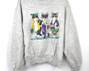 Vintage 90s Cat Sweatshirt, Beach Kitten Sunglasses Design (Size L)