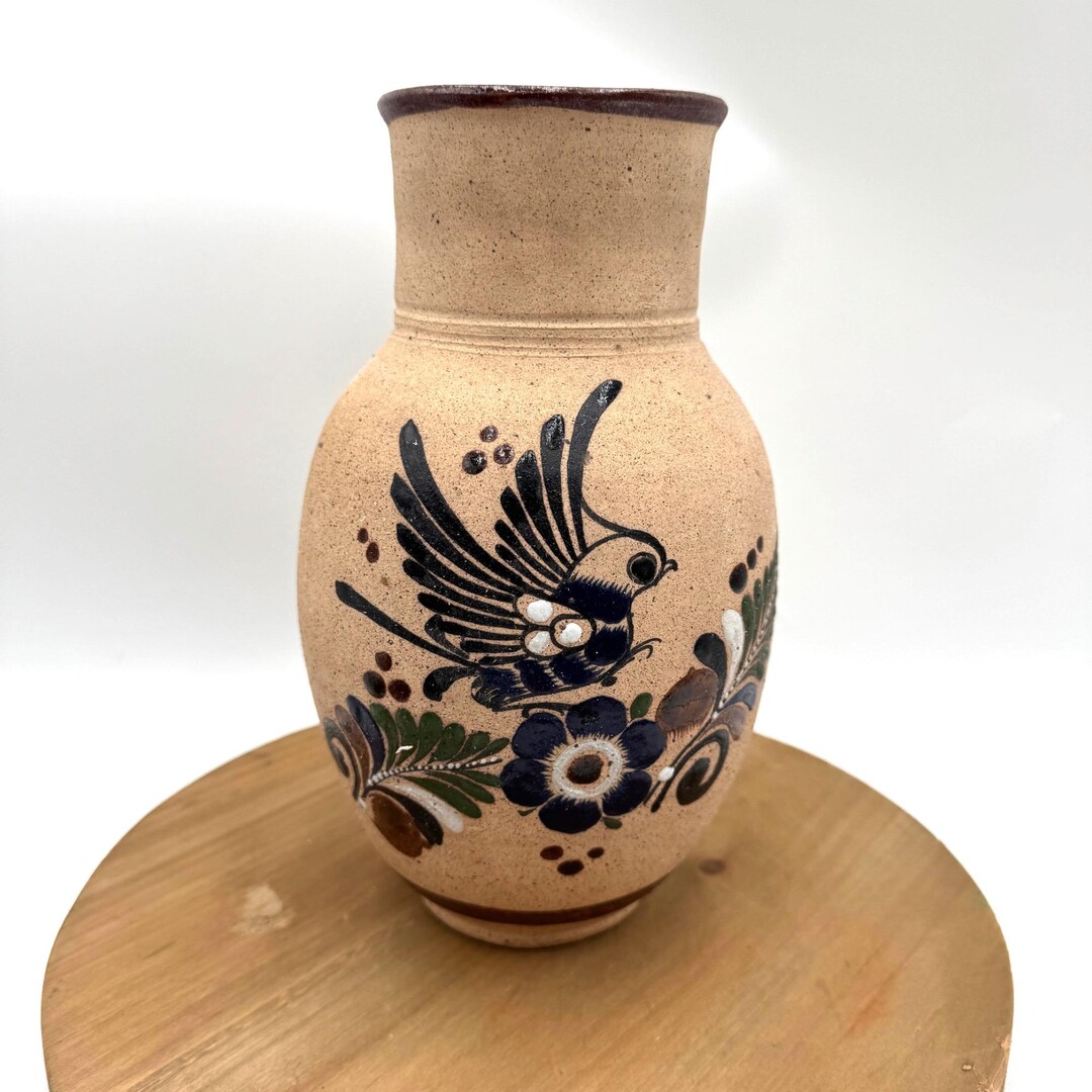 手描き 鳥と花 陶器 花瓶（トナラ焼） ヴィンテージ トナラ陶器花瓶、手描きの鳥と花のデザイン、サイン入り
