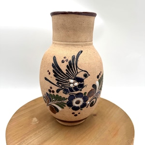 Vintage Tonala Bird Flower Vase Pottery Hand Painted Signed neutral color palette home decor vase