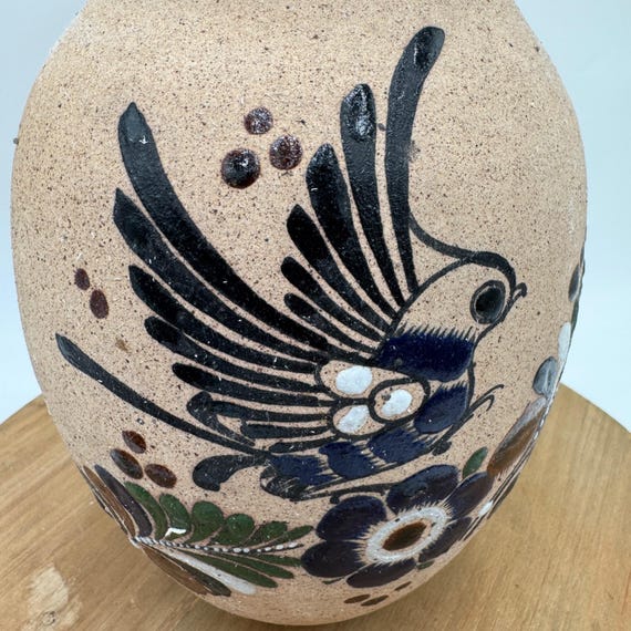 手描き 鳥と花 陶器 花瓶（トナラ焼） ヴィンテージ トナラ陶器花瓶、手描きの鳥と花のデザイン、サイン入り