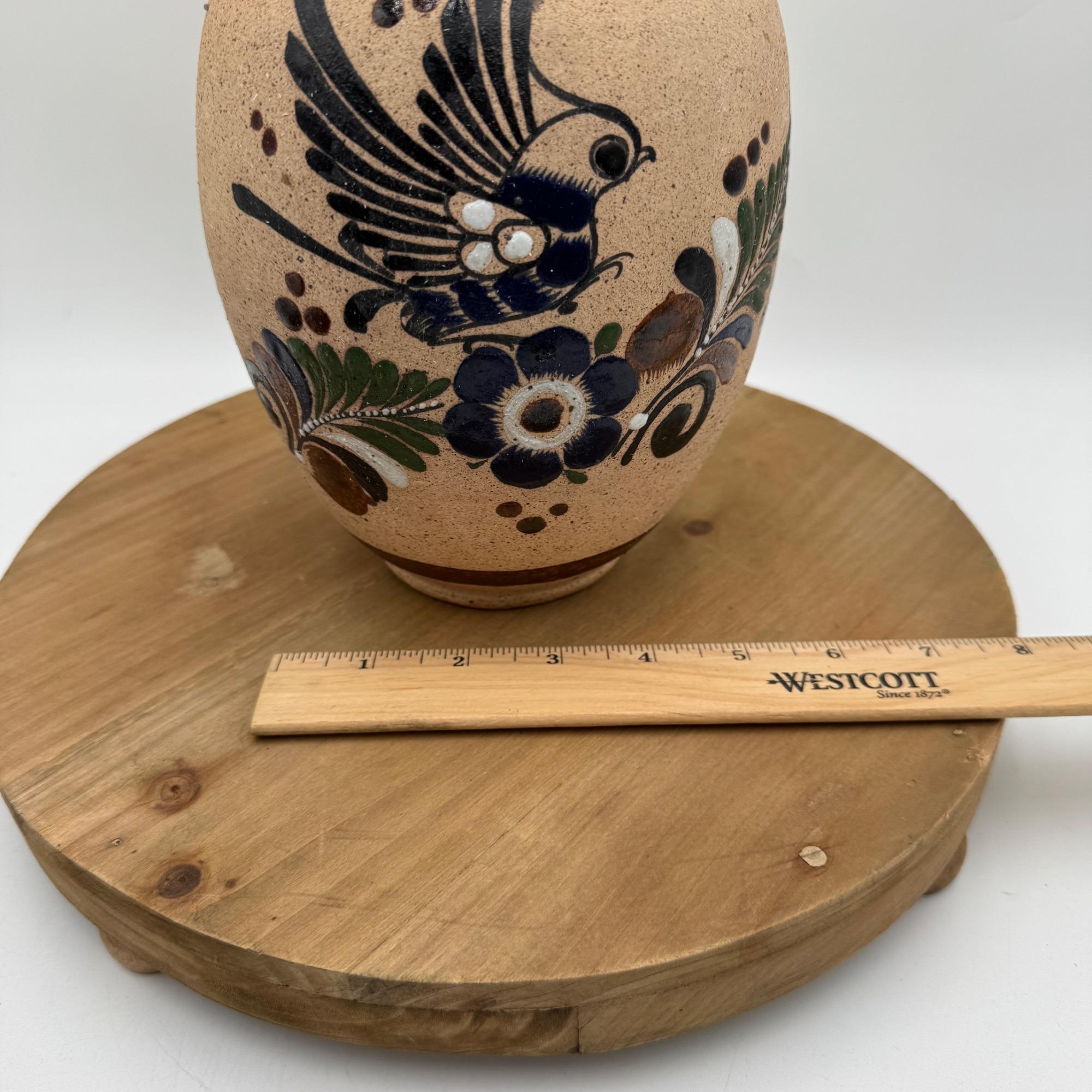 手描き 鳥と花 陶器 花瓶（トナラ焼） ヴィンテージ トナラ陶器花瓶、手描きの鳥と花のデザイン、サイン入り