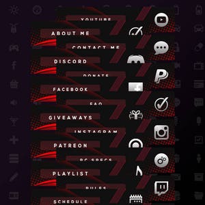 May include: A red and black overlay template for Twitch or YouTube streams. The template includes links to social media, donation, and other relevant information. The text "Overlay Made By @JordanColesie" is at the bottom of the template.