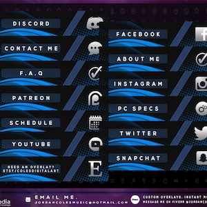 Könnte beinhalten: Blaue und schwarze Twitch-Overlay-Panels mit Symbolen für Discord, Facebook, Kontakt, Über mich, FAQ, Instagram, Patreon, Zeitplan, PC-Spezifikationen, YouTube, Twitter, Snapchat und E-Mail. Der Text "NEED AN OVERLAY? ETSY/COLESDIGITALART" befindet sich am unteren Rand des Bildes.