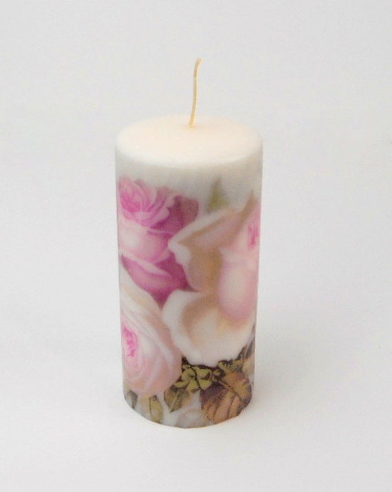 Naturel canvas and Grey Decorative candles Decoupaged candles Art candles Set of 2 pillar candles with romantic roses in Ashy rose