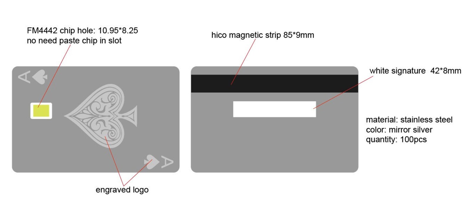 Blank Mirror Silver Custom Ace of Spades Credit Card With Chip Slot