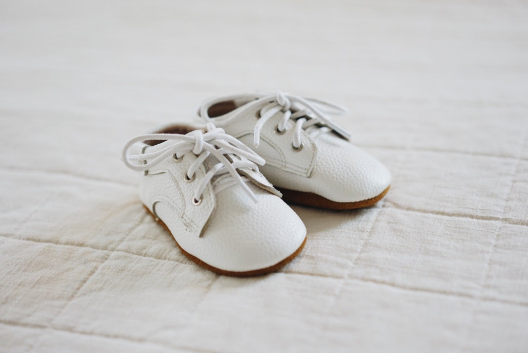 Baby Boy Shoes, White Leather Derby Laceups for Baptism, Christening