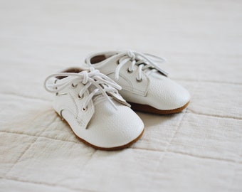 Baby Boy Shoes, White Leather Derby Lace-ups for Baptism, Christening, Blessing