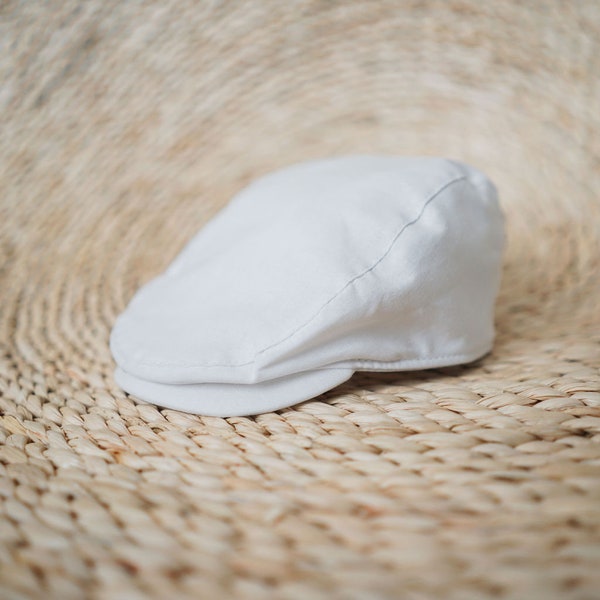 Baby Boy Hat, White Linen Newsboy Cap, White Scally Cap for Baptism, Christening, Blessing