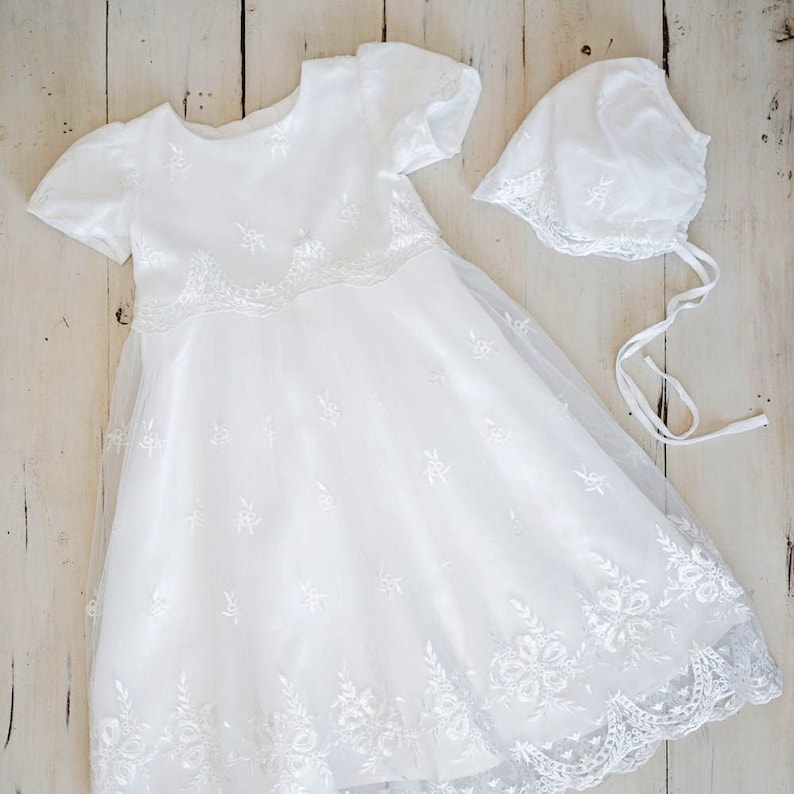 includes bonnet baptism blessing Kennedy Dress for baby christening