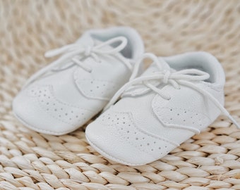 White Leather Baby Boy Oxfords: Christening Soft Sole First Walker Shoes