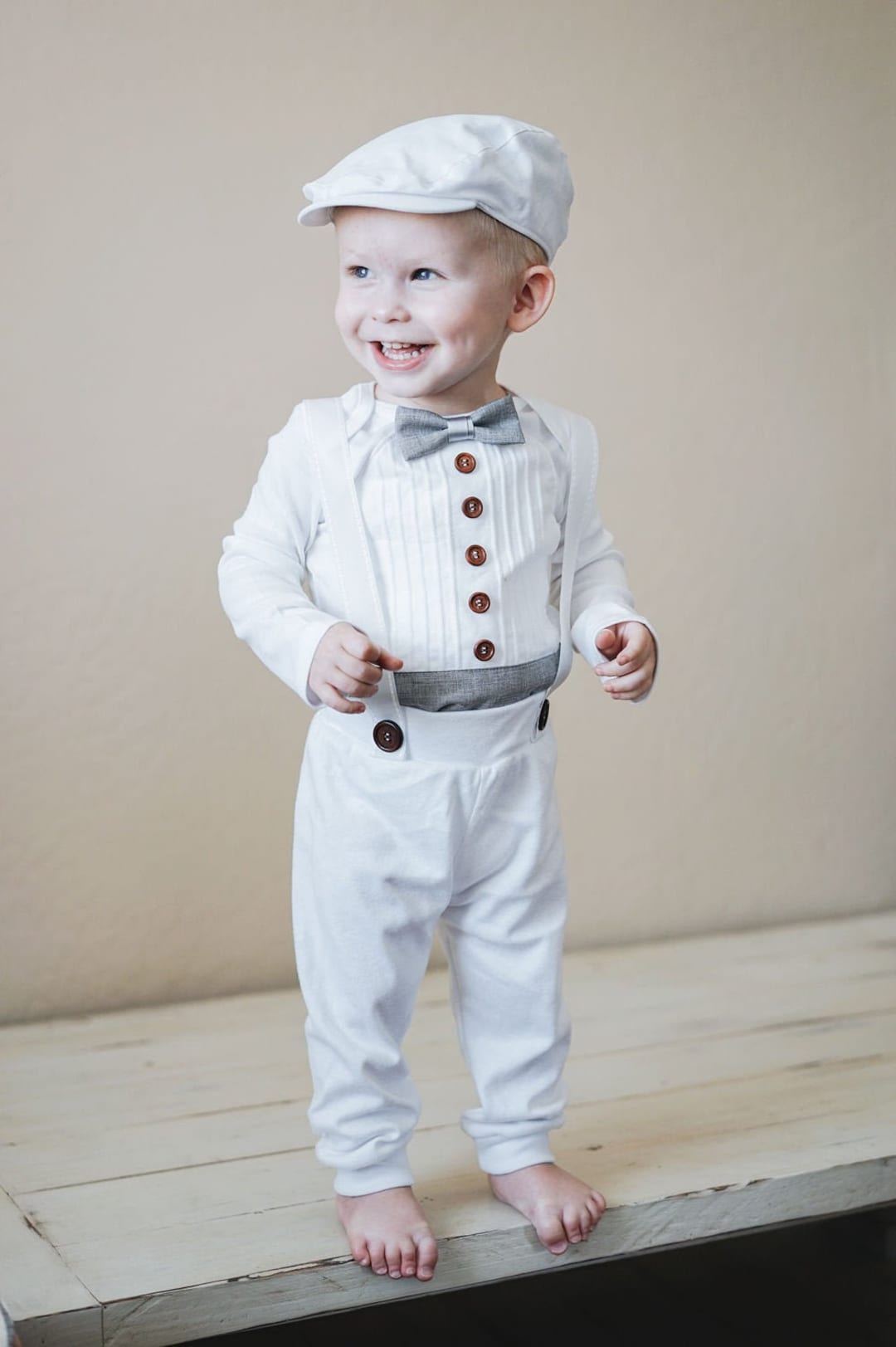 Gray Linen Accent Baby Boy Tuxedo Outfit for Weddings, Parties, Special