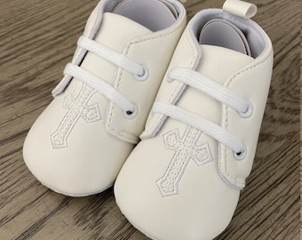 Baby Boy Shoes, White Leather Oxfords with Embroidered Cross for Baptism, Christening, Dedications