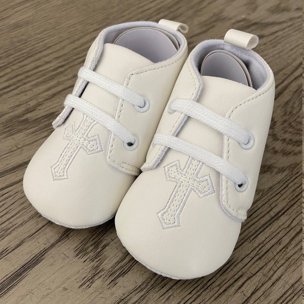 Baby Boy Shoes, White Leather Oxfords with Embroidered Cross for Baptism, Christening, Dedications