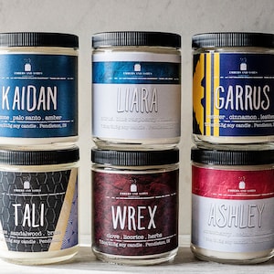 May include: Six glass candle jars with black lids and labels. The labels are blue, gray, and red with white text. The candles are labeled with names: Kaidan, Liara, Garrus, Tali, Wrex, and Ashley. Each label also includes a scent description.
