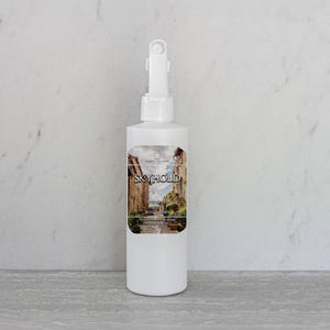 May include: White plastic bottle with a spray nozzle and a label that says "Skygold" with a picture of a street scene.