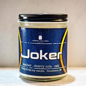 Joker | Leather, Cherry Cola + Oak | Fandom Geek Video Game Mass Effect Jeff Moreau Joker Inspired Soy Candle