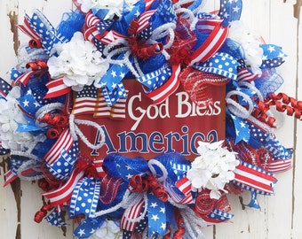 God Bless America Wreath, Independence Day Wreath for Front Door, Fourth of July Wreath, Red White and Blue Porch Decor, Patriotic Wreath