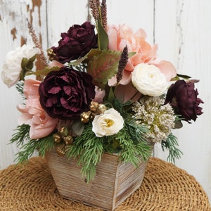 Peony Fall Arrangement in Wooden Container, Pink and Wine-Colored Fall Peonies, Fall Home Decor, Fall Table Decor, Fall Centerpiece