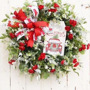 Red Truck Christmas Wreath for Front Door, Farmhouse Christmas Truck Wreath, Farmhouse Holiday Wreath, Red White Truck Holiday Decor