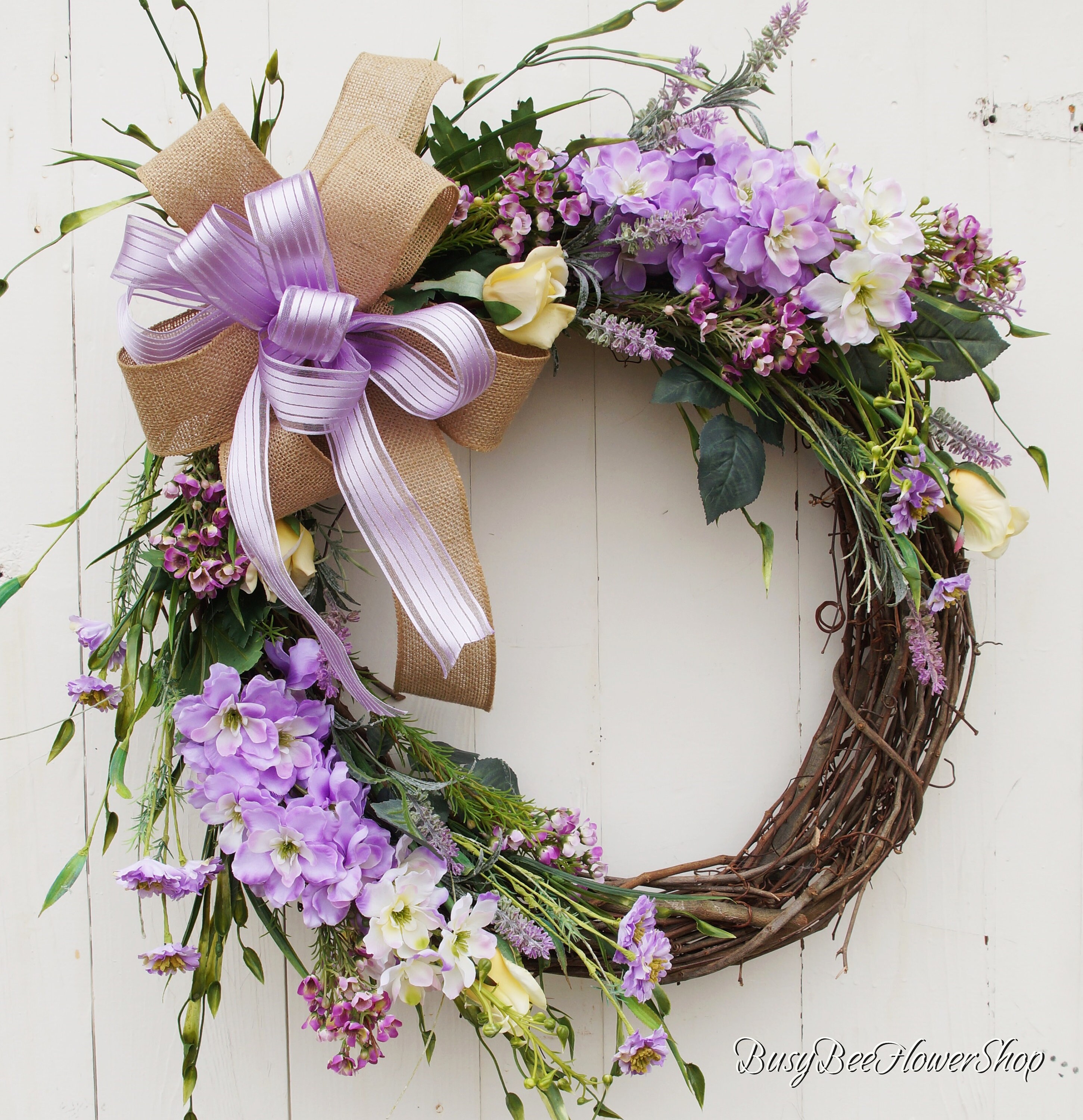 new〜☆パープル色　Antique color wreath♪ Purple Flower Wreath: Shabby Chic Spring Summer Front Door Decor