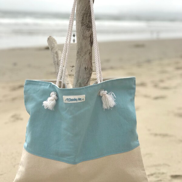 Aqua Blue Linen and Natural Colored Canvas Beach Bag with Rope Handles