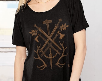 Old Gods Viking women&#39;s slouchy tee, weapons of war, sacrifice, harvest, Yggdrasil leaves, copper on black, Odin, Thor, pagan Tshirt