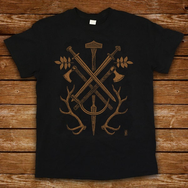 Old Gods Viking mens T shirt, weapons of war, sacrifice, harvest, Yggdrasil ash leaves, copper on vintage black tee, Odin, Thor, pagan