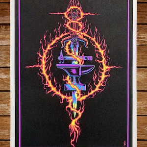 May include: A black and white print of a sword, anvil, and flames. The sword is surrounded by flames and the anvil is at the base of the sword. The sword has a demon's head at the top. The print is framed in a purple border.