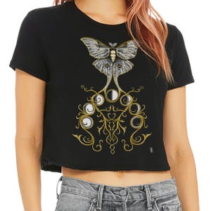 Luna Moth CROP TOP women&#39;s graphic tee, Gold entwined Moon phases, Lunar cycle gothic Victorian style design, Next Level black Tshirt