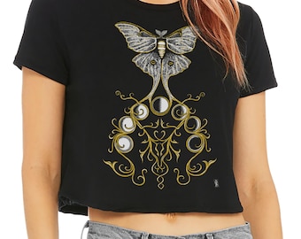 Luna Moth Crop Top, Gold Moon Phases, Gothic Victorian Tee