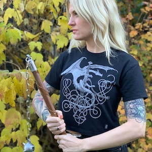 Dragon Sword CROP TOP Womens T shirt, vintage fantasy art graphic tee, Celtic knot medieval pattern on black ladies cropped softstyle tee