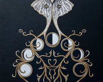 Luna Moth PRINT with moon phases, 11x14&quot;, metallic ink on black stock, fine art gothic victorian esoteric fantasy nouveau deco dark nature