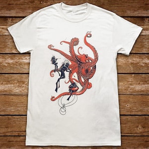 Kraken mens scifi T shirt - Monster octopus squid creature & SCUBA divers - deep sea Lovecraftian horror 20000 leagues - white graphic tee