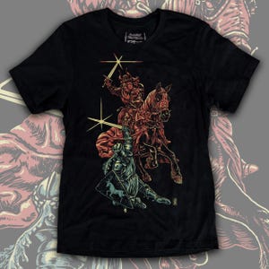 Knight Battle T shirt, Red & Green warriors duel, armored jousting combat sword fight, medieval fantasy art graphic tee