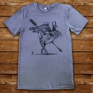 Jackalope graphic tee GREY, mens unisex Tshirt, bella+canvas, illustrative line art design, mountain west cryptid pierced by hunter&#39;s arrow