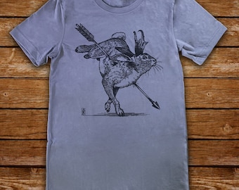 Jackalope graphic tee GREY, mens unisex Tshirt, bella+canvas, illustrative line art design, mountain west cryptid pierced by hunter&#39;s arrow