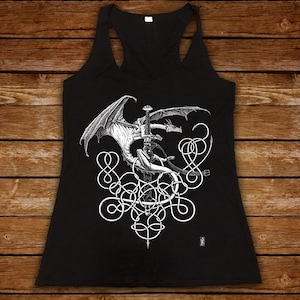 Silver Dragon womens tanktop, Celtic Norse knots, vintage epic medieval fantasy art black tank, flowy summer top