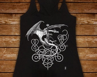 Silver Dragon womens tanktop, Celtic Norse knots, vintage epic medieval fantasy art black tank, flowy summer top