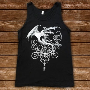 Silver Dragon mens tanktop, Celtic Norse knots, vintage epic medieval fantasy art black tank, summer shirt