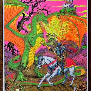 Póster psicodélico de luz negra de Dragon Slayer & Knight – Serigrafía UV neón de 45 x 60 cm