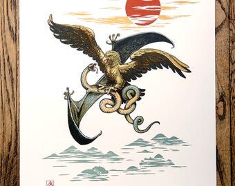 Weightless As Feathers On Scales - aerial battle - hawk & wyvern - print