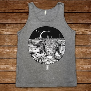 Astronaut mens tank, SciFi art, Cosmic spaceman exploring mysterious planet, hand printed heather grey triblend Tanktop shirt graphic tee