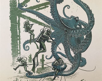 Kraken poster PRINT, octopus squid monster & deep-sea welder SCUBA divers scene, Lovecraftian horror 20000 Leagues scifi art poster