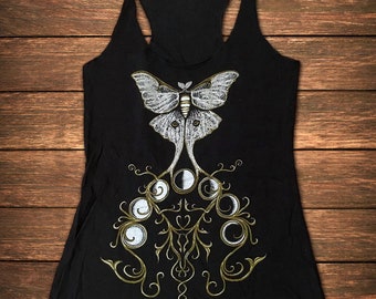 Luna Moth WOMENs tank, Gold entwined Moon phases, Lunar cycle, graphic vintage tanktop racerback shirt, gothic goth Victorian