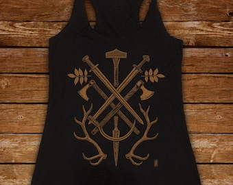 Viking Gods WOMENs racerback tank, ancient weapons, Yggdrasil leaves, copper on vintage black graphic tee, Odin, Thor, pagan tanktop shirt