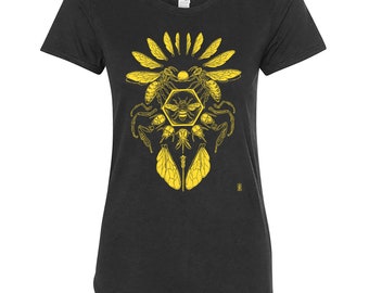 Honeycomb Mandala Graphic Tee, Yellow Bees Screen Print, Women's Slim Fit